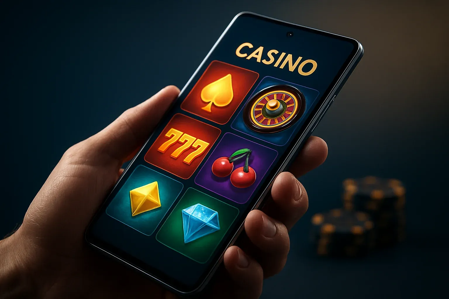 Hyperrealistic Android smartphone showing vivid casino app interface with blurred chips