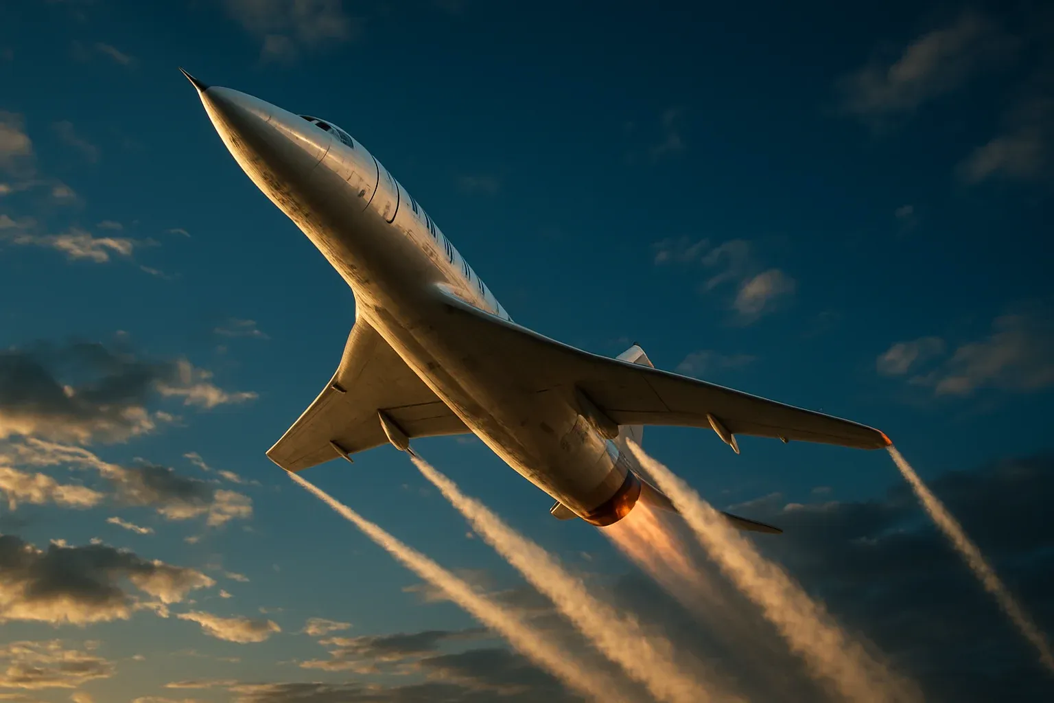 Hyperrealistic white jet climbing steeply in deep blue sky with contrails