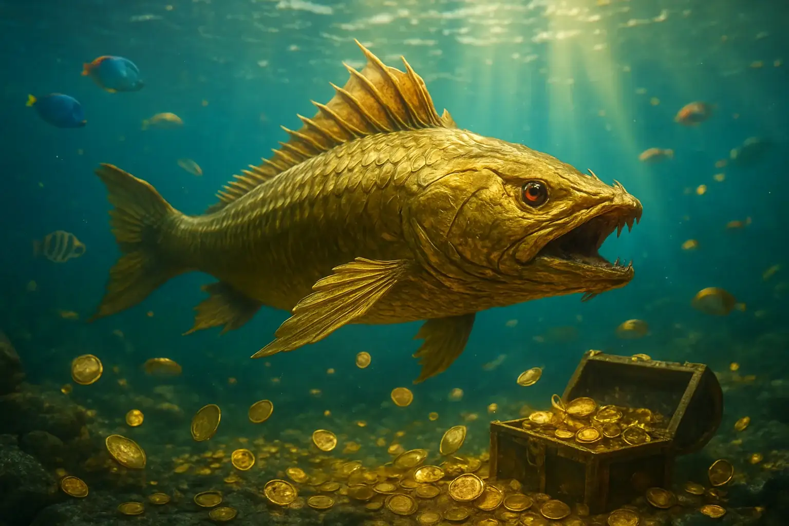 Hyperrealistic underwater golden dragon fish surrounded by glowing coins and treasure