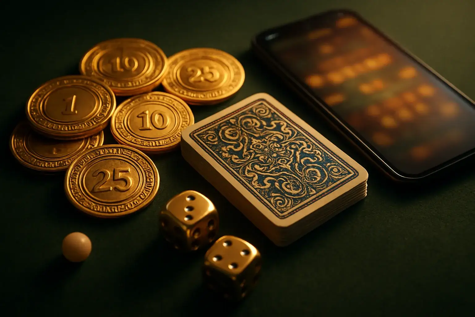 Top-down casino table with golden chips, cards, dice, roulette ball, smartphone