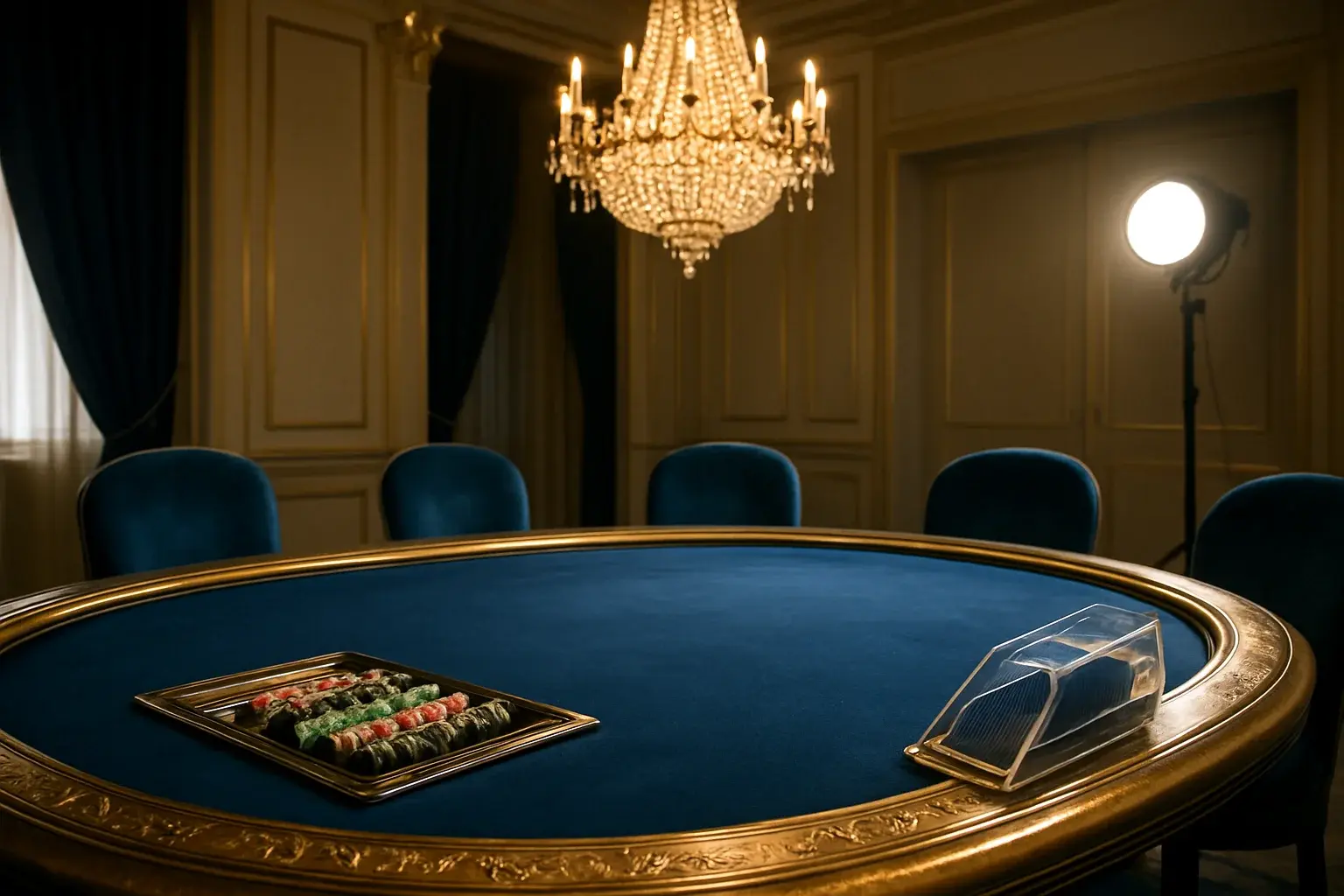 Hyperrealistic wide shot of Philippine live baccarat studio with blue felt table