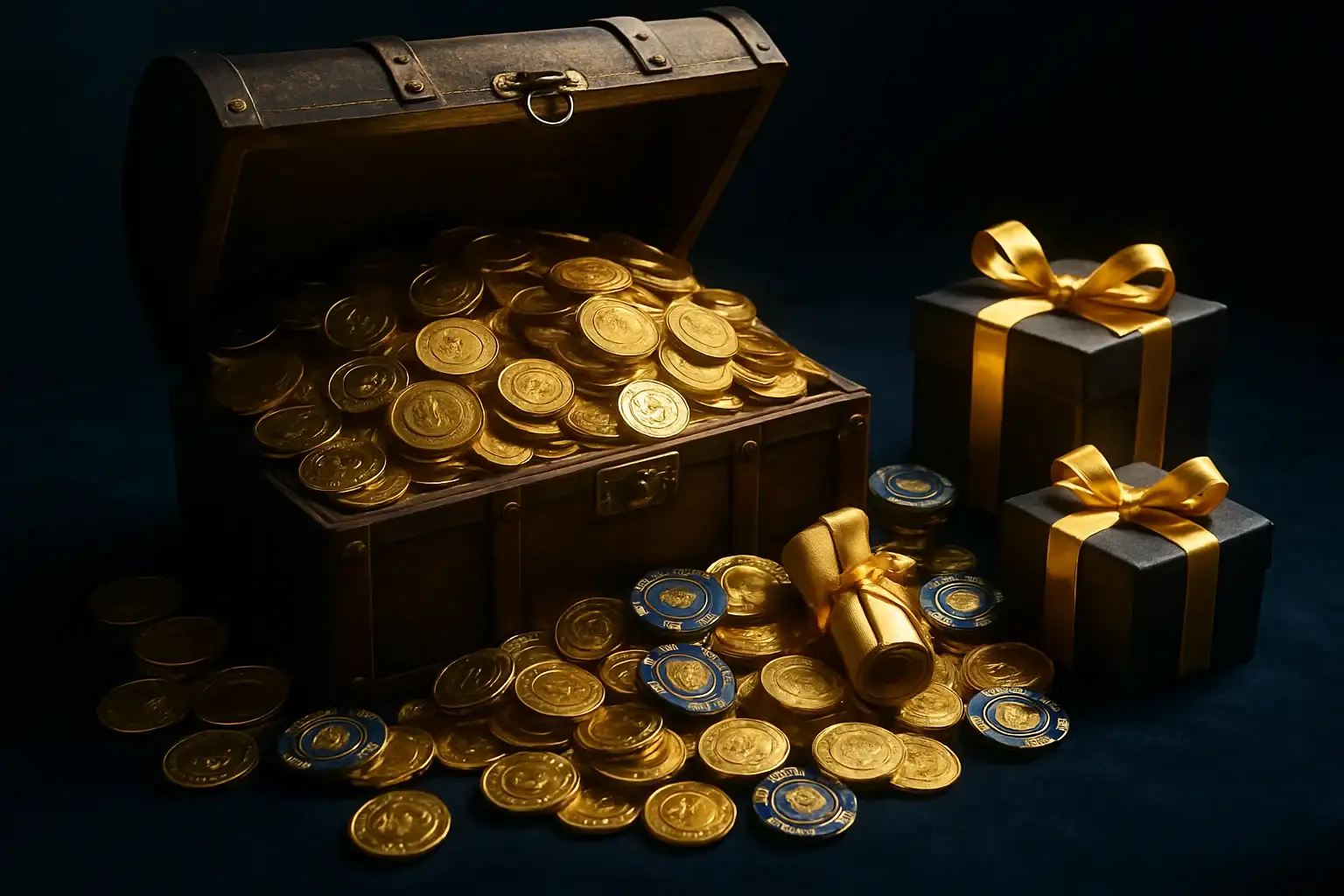 Overflowing treasure chest with gold coins, casino chips, vouchers, and gift boxes