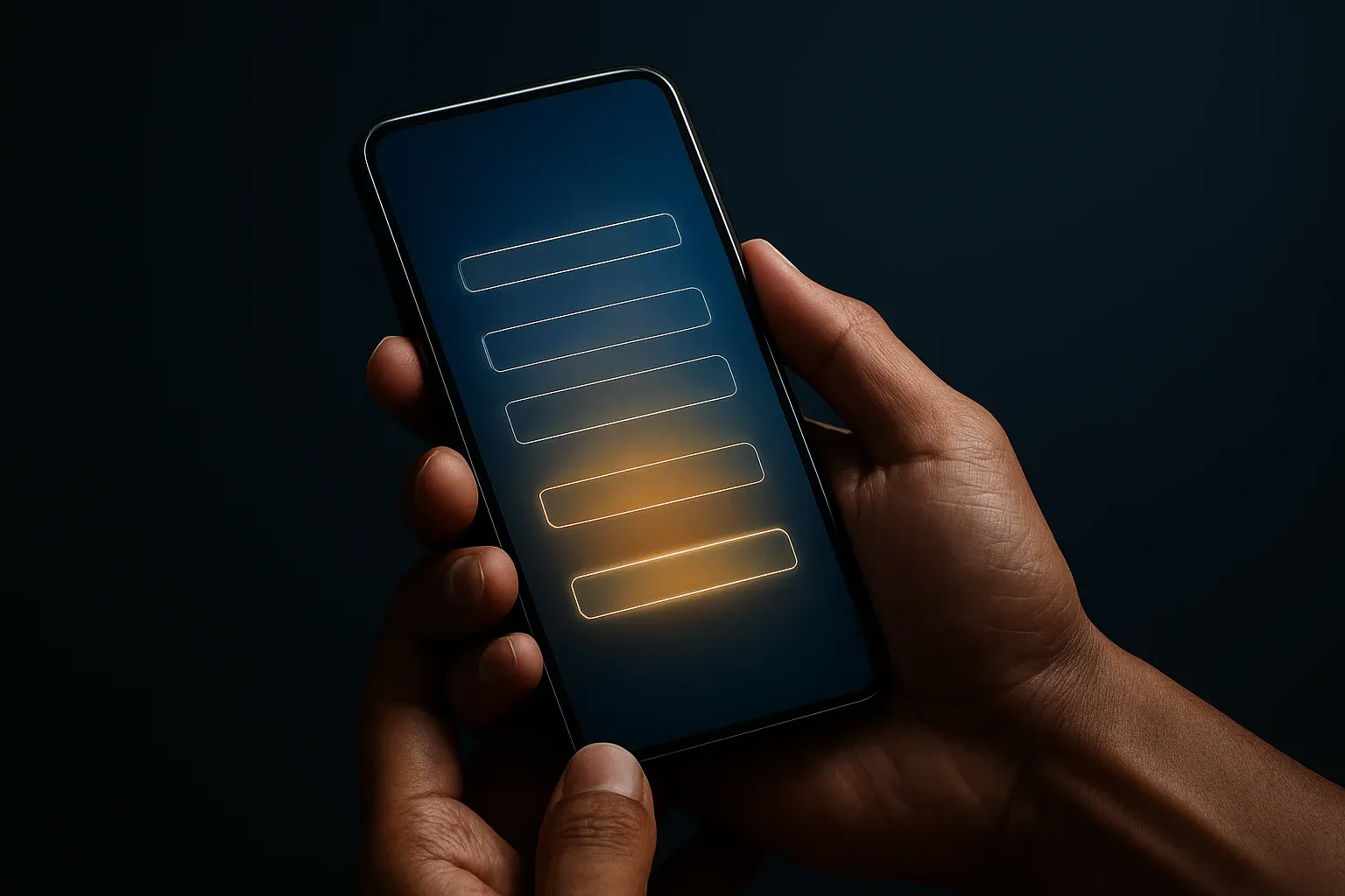 Filipino man hands holding smartphone with blurred registration form, blue gold glow