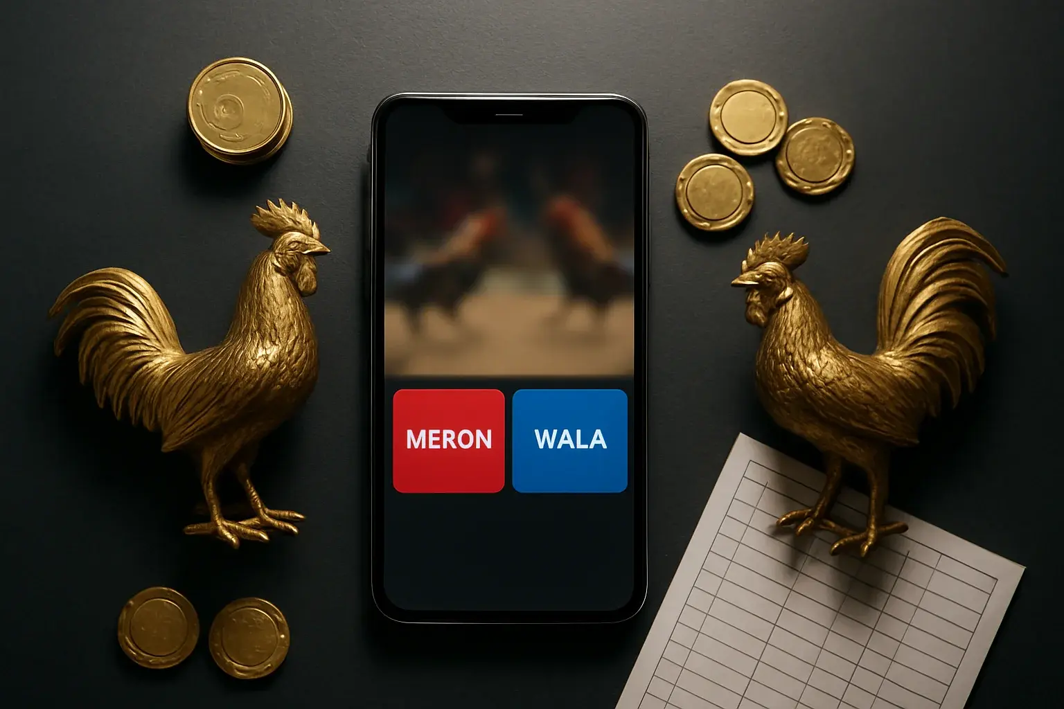 Smartphone sabong betting interface with golden roosters, peso coins, and casino chips