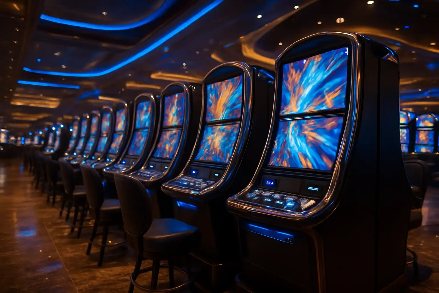Hyperrealistic Manila casino slots floor at night with blue gold lighting